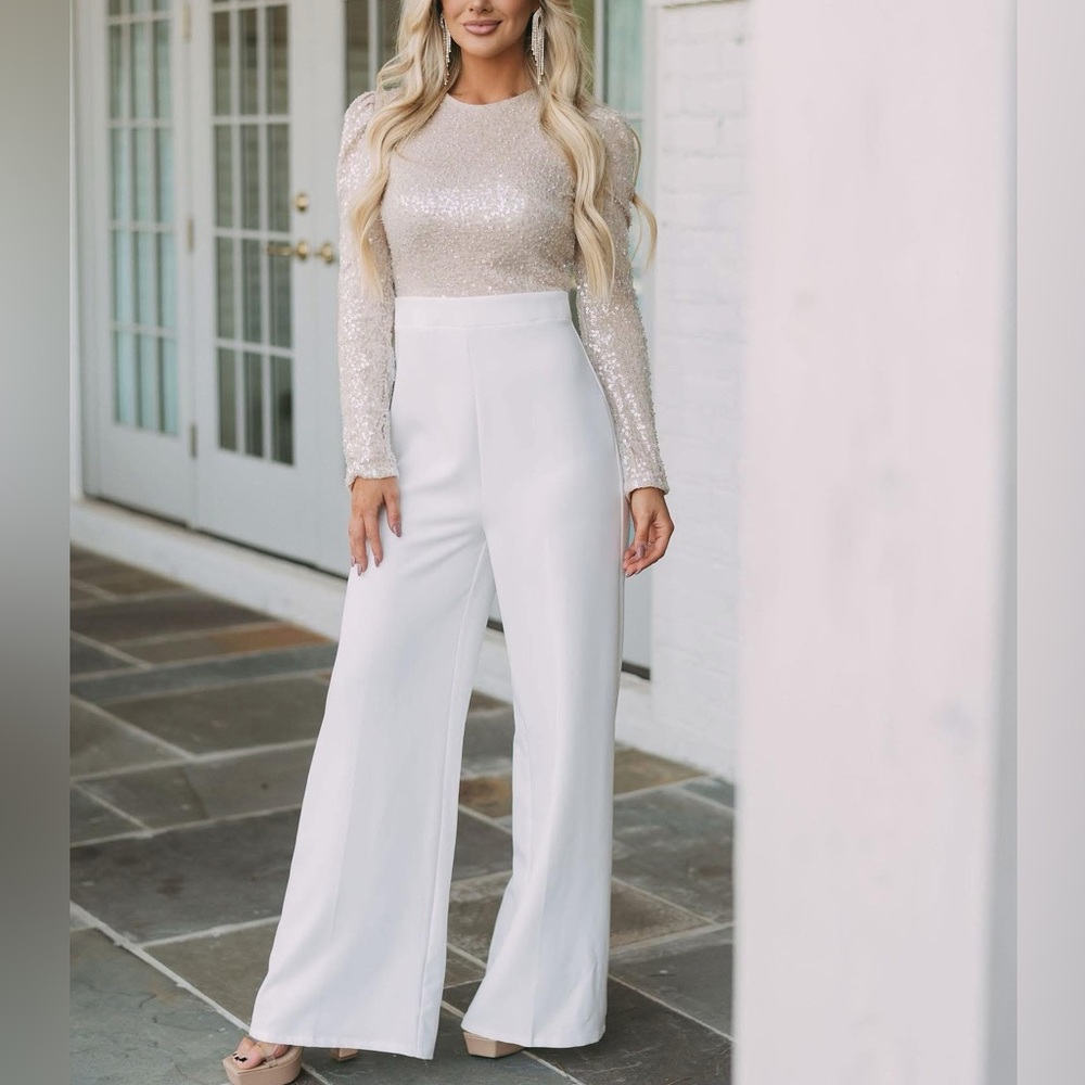 Elegant White Jumpsuit With Sequin Detailing - M